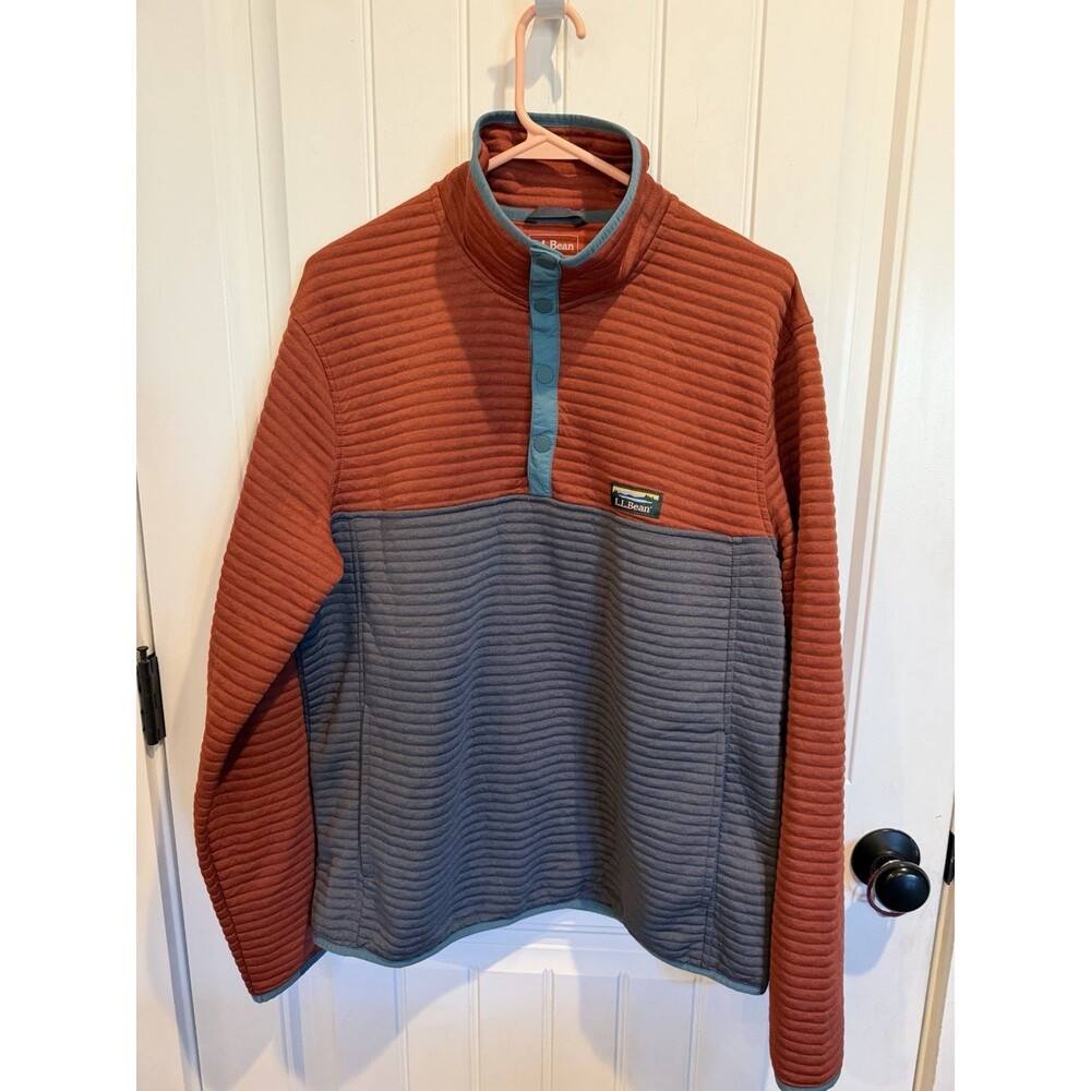 L.L.Bean Airlight Knit Pullover Mens L Orange Gray Colorblock Snap Neck